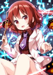 Rule 34 | 1girl, :d, collared shirt, commentary request, drumsticks, electricity, electrokinesis, feet out of frame, highres, holding, holding drumsticks, horikawa raiko, looking at viewer, necktie, open mouth, plaid, plaid shirt, purple necktie, red eyes, red hair, ruu (tksymkw), shirt, short hair, sitting, smile, solo, touhou