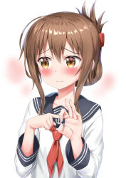 Rule 34 | 1girl, absurdres, anchor symbol, black sailor collar, blush, brown hair, closed mouth, folded ponytail, gesture, hair between eyes, highres, inazuma (kancolle), kantai collection, long hair, looking away, looking to the side, neckerchief, nedia (nedia region), penetration gesture, red neckerchief, sailor collar, school uniform, serafuku, solo, upper body, white background