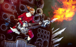Rule 34 | 1boy, coma-doof warrior, electric guitar, flamethrower, guitar, instrument, mad max, mad max: fury road, mask, pale skin, speaker, the doof wagon, the doof warrior, weapon