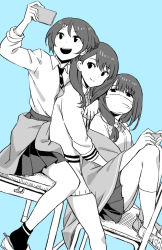 Rule 34 | 3girls, aqua theme, arm over shoulder, arm up, arms around waist, blue background, blue theme, blunt bangs, bow, bowtie, breasts, cardigan, cellphone, chair, closed mouth, clothes around waist, collared shirt, commentary request, covered mouth, desk, gridman universe, hair ornament, hair scrunchie, hassu, holding, holding phone, hug, hug from behind, jacket, jacket around waist, kamekoya sato, knees up, long hair, long sleeves, mask, monochrome, mouth mask, multiple girls, namiko, necktie, off shoulder, on chair, on desk, open mouth, phone, pleated skirt, reaching, reaching towards viewer, school chair, school desk, school uniform, scrunchie, selfie, shirt, shoes, short hair, simple background, sitting, on desk, skirt, small breasts, smartphone, smile, socks, ssss.gridman, surgical mask, takarada rikka, taking picture