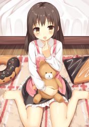 Rule 34 | 1girl, :d, bad id, bad pixiv id, bare legs, barefoot, bed, bed sheet, bedroom, black skirt, blouse, blush, brown hair, collared shirt, cookie, doughnut, dress, finger to mouth, flat chest, food, frilled skirt, frills, from above, highres, holding, indoors, long sleeves, looking at viewer, medium hair, open mouth, original, pinafore dress, pink dress, rug, shiny skin, shirt, sitting, skirt, sleeveless dress, smile, solo, spaghetti strap, stuffed animal, stuffed toy, teddy bear, usagi no suzu, usagino suzu, wariza, white shirt, wooden floor, yellow eyes