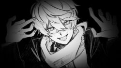 Rule 34 | 1boy, blush, faux traditional media, greyscale, half-closed eyes, hands up, jacket, kimi ga shine, looking at viewer, low ponytail, male focus, medium hair, midori (kimi ga shine), monochrome, open mouth, scarf, simple background, smile, solo, vignetting, w5