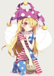Rule 34 | 1girl, american flag, american flag dress, american flag legwear, american flag shirt, blonde hair, clownpiece, collar, fairy wings, frilled collar, frilled shirt collar, frills, hat, jester cap, leggings, long hair, looking at viewer, neck ruff, one eye closed, pantyhose, pink eyes, polka dot, red eyes, satou kibi, short sleeves, simple background, sitting, solo, striped clothes, striped pantyhose, touhou, wings