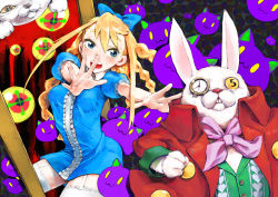 Rule 34 | :3, alice (alice in wonderland), alice in wonderland, blonde hair, blue eyes, cheshire cat (alice in wonderland), garter straps, outstretched arm, outstretched hand, pocket watch, reaching, sanae (satansanae), watch, white rabbit (alice in wonderland)