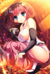 Rule 34 | 1girl, absurdres, autumn leaves, black footwear, black gloves, blue eyes, blush, breasts, chusingura 46+1, covered erect nipples, fingerless gloves, food, food on face, forest, gloves, hairband, highres, holding, large breasts, leaf, long hair, looking at viewer, nature, nui, oishi chikara, open mouth, pants, pink pants, red hair, sandals, shirt, sleeveless, sleeveless shirt, socks, squatting, stick, tree, twintails, white legwear, white shirt