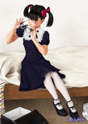 Rule 34 | 1girl, bed, black hair, bow, dress, flat chest, fumichika mori, glasses, highres, mary janes, shoes, sitting, solo, tagme, thighhighs, twintails