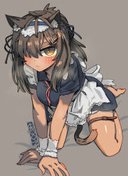 Rule 34 | 1girl, all fours, animal ears, barefoot, blush, breasts, brown hair, cat ears, cat girl, cat tail, commentary request, ergot, hair over one eye, long hair, looking at viewer, maid, maid headdress, medium breasts, messy hair, original, slit pupils, solo, steam, tail, thigh strap, yellow eyes