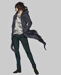 Rule 34 | 1boy, absurdres, brown hair, coat, cross-laced slit, daisx (dais0115), eren yeager, full body, hair over eyes, hands in pockets, highres, hood, hooded coat, long hair, looking to the side, male focus, official style, open clothes, open coat, pants, shingeki no kyojin, solo, standing