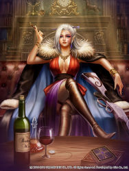 Rule 34 | 1girl, alcohol, book, bookshelf, bottle, bracelet, breasts, cleavage, unworn cloak, clock, couch, cup, dated, drinking glass, elf, facial tattoo, final fantasy, final fantasy brave exvius, fur trim, gun, indoors, jewelry, kiseru, crossed legs, looking at viewer, medium breasts, muxia yue nai, official art, smoking pipe, pocket watch, pointy ears, sitting, solo, table, tattoo, thighhighs, watch, weapon, white hair, wine, wine bottle, wine glass