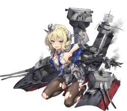 Rule 34 | 1girl, armpits, black pantyhose, blonde hair, blue dress, blue eyes, blush, breasts, cannon, capelet, clenched hand, colorado (kancolle), dress, full body, hat, headgear, kantai collection, machinery, necktie, official art, pantyhose, parsley-f, short hair, sideboob, smoke, source request, torn clothes, torn legwear, turret