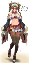 Rule 34 | 1girl, absurdres, armor, bare shoulders, blindfold, braid, breasts, brown hair, cleavage, crop top, detached sleeves, eremite desert clearwater (genshin impact), genshin impact, gloves, hairband, highres, holding, holding weapon, leggings, medium breasts, navel, red sash, samacho, sash, simple background, twintails, weapon