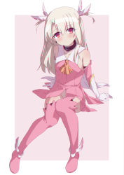 Rule 34 | 1girl, ascot, bad id, bad pixiv id, blonde hair, blush, boots, choker, closed mouth, dress, earrings, fate/kaleid liner prisma illya, fate (series), feathers, gloves, illyasviel von einzbern, jewelry, long hair, magical girl, necktie, no panties, pink background, pink dress, pink feathers, pink footwear, pink legwear, red eyes, simple background, sitting, solo, user zhmv3725, white gloves