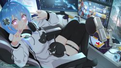 Rule 34 | &gt; &lt;, 3girls, absurdres, ahoge, alternate costume, animal, animal on lap, architecture, arm rest, arms up, artist name, azur lane, text background, black cat, black gloves, black legwear, blue butterfly, blue eyes, blue hair, blush, bow, bug, building, butterfly, cable, cat, cat on lap, cat symbol, chair, coffee mug, collar, commentary, computer, computer tower, cross, cup, desk, double w, east asian architecture, english text, eyebrows, eyelashes, feet on chair, floor, flower, glove bow, gloves, hair flower, hair ornament, hands up, headphones, headphones around neck, helena (azur lane), helena (new year&#039;s bluebird) (azur lane), highres, hood, hood down, hoodie, illumination, insect, iron cross, japanese clothes, keyboard (computer), kimino, kimono, knees up, light, light rays, lights, long hair, long hoodie, long sleeves, looking at viewer, lying, manjuu (azur lane), microphone, monitor, mousepad (object), mug, multicolored clothes, multicolored hair, multicolored kimono, multiple girls, multiple monitors, obi, office chair, on lap, open mouth, outdoors, parted lips, pink eyes, pink hair, playing games, purple eyes, red bow, saratoga (azur lane), sash, shrine, sidelocks, sitting, sleeping, sleeping on person, smile, snow, speaker, stairs, stone lantern, streamers, studio microphone, swivel chair, symbol-only commentary, tail, thigh strap, thighhighs, thighs, two-tone hair, u-110 (azur lane), vayneeeee, w, white cat, white hair, white hoodie, wide-eyed, wide sleeves