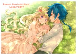 Rule 34 | 1boy, 1girl, 2017, arm strap, blonde hair, blue eyes, blue hair, bouquet, braid, character name, choker, code geass, code geass: boukoku no akito, collarbone, cone hair bun, day, dress, eye contact, flower, french text, hair bun, happy birthday, head wreath, holding, holding bouquet, hyuuga akito, komaichi, leila malcal, long hair, looking at another, lying, on side, outdoors, pink flower, ponytail, purple eyes, ranguage, shirt, single braid, sleeveless, sleeveless dress, smile, striped clothes, striped dress, very long hair, wedding dress, white dress, white shirt