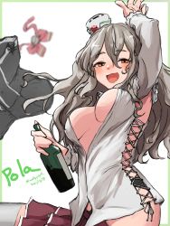 Rule 34 | 1girl, absurdres, black panties, blurry, bottle, bow, bowtie, unworn bowtie, breasts, brown eyes, corset removed, depth of field, drunk, grey hair, hat, highres, holding, holding bottle, kantai collection, large breasts, mini hat, miniskirt, open mouth, panties, pola (kancolle), red bow, red bowtie, red skirt, shirt, side-tie shirt, skirt, solo, thick eyebrows, thighhighs, tilted headwear, umibudou, underwear, undressing, upper body, wavy hair, white shirt, white thighhighs, wine bottle