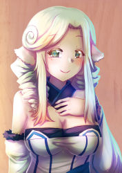 Rule 34 | 1girl, absurdres, ainu clothes, animal ears, aquaplus, blue hair, blush, breasts, cleavage, closed mouth, curly hair, grey eyes, hair over shoulder, hand on own chest, highres, large breasts, long sleeves, looking at viewer, munechika, raised eyebrows, rarkfield1, sidelocks, smile, solo, strapless, taut clothes, tube top, upper body, utawarerumono, utawarerumono: itsuwari no kamen, wide sleeves