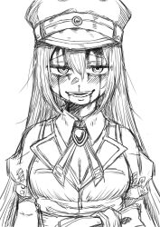 Rule 34 | 1girl, alina gray, blush, brooch, cross tie, greyscale, grin, hair between eyes, hat, highres, jewelry, long hair, looking at viewer, magia record: mahou shoujo madoka magica gaiden, magical girl, mahou shoujo madoka magica, monochrome, open mouth, peaked cap, puffy short sleeves, puffy sleeves, short sleeves, sidelocks, simple background, sketch, smile, solo, upper body, v-neck, vest, white background, youichi82880400