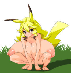 Rule 34 | 1girl, :3, animal ears, breasts, brown hair, cleavage, cleft of venus, creatures (company), curly hair, female focus, game freak, gen 1 pokemon, gigantic breasts, long hair, nekomamire, nintendo, nipples, nude, personification, pikachu, pokemon, puffy nipples, pussy, smile, solo, squatting, tail, uncensored