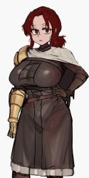 Rule 34 | 1girl, alternate breast size, breasts, brown tunic, elden ring, hand on own hip, large breasts, mano (manobece), millicent (elden ring), ponytail, prosthesis, prosthetic arm, red eyes, red hair, white background