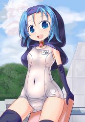 Rule 34 | 1girl, black gloves, black thighhighs, blue eyes, blue hair, blue sky, cloud, covered navel, cowboy shot, day, elbow gloves, gloves, hood, kickboard, kumoi ichirin, looking at viewer, name tag, one-piece swimsuit, open mouth, outdoors, reform (tayo reform), school swimsuit, shiny clothes, short hair, sky, smile, solo, swimsuit, thighhighs, touhou, unzan, white one-piece swimsuit, white school swimsuit