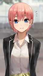 Rule 34 | 1girl, absurdres, black jacket, blazer, blue eyes, blurry, blurry background, buttons, closed mouth, clothes around waist, collared shirt, commentary request, go-toubun no hanayome, highres, ishiyuki, jacket, looking at viewer, nakano ichika, open clothes, open jacket, pink hair, revision, school uniform, shirt, short hair, smile, solo, sweater, sweater around waist, upper body, white shirt, winter uniform, yellow sweater