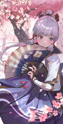 Rule 34 | 1girl, absurdres, arm guards, armor, armored dress, ayaka (genshin impact), blue eyes, blue hair, blush, breastplate, breasts, cherry blossoms, closed mouth, elbow gloves, flower, flower knot, genshin impact, gloves, gold trim, hair ornament, hand fan, highres, holding, holding fan, japanese armor, kawa683, light blue hair, light smile, long hair, looking to the side, medium breasts, mole, mole under eye, neck tassel, outdoors, partially fingerless gloves, ponytail, solo