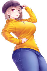 Rule 34 | 1girl, :d, black hat, breasts, commentary request, curvy, denim, glasses, hand on headwear, hand on own hip, hat, highres, jeans, large breasts, light brown hair, long sleeves, looking at viewer, open mouth, original, pants, purple eyes, short hair, simple background, smile, solo, sweater, taut clothes, taut pants, teeth, thick thighs, thighs, tsukumiya amane, upper teeth only, white background, yellow sweater