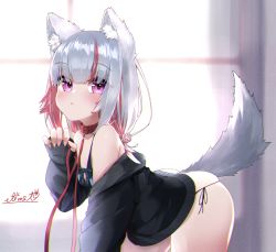 Rule 34 | 1girl, absurdres, animal collar, animal ear fluff, animal ears, ass, bare shoulders, bikini, black jacket, blurry, blurry background, blush, closed mouth, collar, commentary request, cowboy shot, eto (eto96-1114), fox ears, fox tail, hand up, highres, jacket, leash, long hair, long sleeves, looking at viewer, multicolored hair, off shoulder, original, paw hair ornament, purple eyes, red hair, revision, side-tie bikini bottom, signature, silver hair, skindentation, solo, streaked hair, swimsuit, tail, underwear