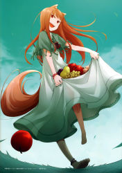 Rule 34 | 1girl, :d, absurdres, animal ears, anklet, apple, ayakura juu, barefoot, blush, brown hair, fang, feet, food, fruit, grapes, grass, highres, holo, jewelry, long hair, open mouth, pear, red eyes, scan, skirt, skirt basket, smile, solo, spice and wolf, tail, wolf ears, wolf tail, wristband