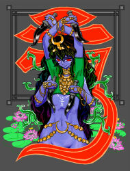 Rule 34 | 1girl, black hair, blue skin, bracelet, breasts, colored skin, covering nipples, covering privates, cropped shirt, demon girl, extra arms, facepaint, flower, green shirt, holding, holding knife, jewelry, kick katze, knife, lily pad, lotus, multicolored hair, navel, necklace, original, pink flower, rainbow hair, red eyes, shirt, short sleeves, small breasts, solo