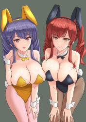 Rule 34 | 2girls, absurdres, alternate costume, alternate hairstyle, animal ears, azur lane, bow, bowtie, breasts, bunny day, cleavage, cowboy shot, detached collar, fake animal ears, grey background, highres, kishi nisen, large breasts, leotard, looking at viewer, multiple girls, pantyhose, playboy bunny, pola (azur lane), rabbit ears, simple background, strapless, strapless leotard, wrist cuffs, zara (azur lane)
