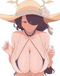 Rule 34 | 1girl, alternate breast size, bikini, black bikini, black hair, blue archive, breasts, cleavage, collarbone, double bikini, flower, hair over one eye, halo, hat, hat flower, hinata (blue archive), hinata (swimsuit) (blue archive), huge breasts, looking at viewer, nasakene, one-piece swimsuit, parted lips, red eyes, simple background, solo, sun hat, swimsuit, white background, yellow halo