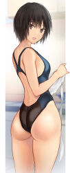 Rule 34 | 1girl, amagami, apron, ass, black hair, black one-piece swimsuit, breasts, brown eyes, commentary request, competition swimsuit, cowboy shot, from behind, holding, looking at viewer, looking back, nanasaki ai, one-piece swimsuit, serizawa (serizawaroom), short hair, small breasts, smile, solo, swimsuit, two-tone swimsuit, waist apron