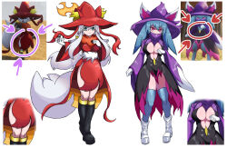 Rule 34 | 2girls, absurdres, animal ear fluff, animal ears, aqua eyes, black dress, black footwear, black nails, blue hair, blue thighhighs, boots, breasts, cat ears, chinese commentary, claws, clenched hand, clothing cutout, commentary, commentary request, creature and personification, dress, expressionless, full body, game screenshot inset, gloves, hand up, hat, hat with ears, high collar, highres, humanization, katress (palworld), knee boots, koshou shou mitsu, large breasts, long hair, looking at viewer, multiple girls, pal (creature), palworld, personification, pink dress, purple eyes, purple headwear, red dress, red headwear, sidelocks, simple background, slit pupils, stomach cutout, tail, thighhighs, white background, white footwear, white gloves, white hair, wixen, wizard hat