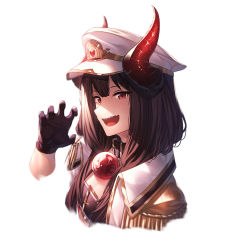 Rule 34 | 1girl, :d, belt collar, black gloves, brown hair, claw pose, collar, enpera, epaulettes, from side, gloves, hand up, hat, horns, ibuki notsu, long hair, looking at viewer, open mouth, peaked cap, red eyes, scarf, sharp teeth, sideways mouth, simple background, slit pupils, smile, solo, teeth, upper body, upper teeth only, vgaming, virtual youtuber, white background, white hat, yoruno yui