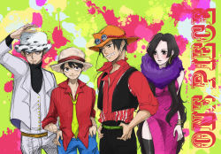 Rule 34 | 1girl, 3boys, bad id, bad pixiv id, black hair, black pants, black shirt, blush, boa hancock, brothers, brown hair, dress, earrings, facial hair, feather boa, freckles, goatee, grin, hat, jewelry, long hair, long sideburns, monkey d. luffy, multiple boys, necktie, one piece, pants, pink dress, pirate, portgas d. ace, red shirt, rei-09, sad face, scar, shirt, siblings, side slit, smile, smiley face, thighhighs, trafalgar law, turtleneck, vest, waistcoat, white pants