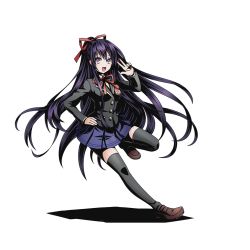 Rule 34 | 10s, 1girl, alpha transparency, black hair, black thighhighs, blue skirt, date a live, divine gate, full body, hair between eyes, hair ribbon, hand on own hip, high ponytail, leg up, long hair, looking at viewer, neck ribbon, official art, open mouth, pleated skirt, purple eyes, red ribbon, ribbon, shadow, skirt, solo, thighhighs, transparent background, ucmm, very long hair, w, yatogami tooka, zettai ryouiki