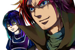 Rule 34 | 2boys, artist request, blue hair, chaos dragon garv, demon, expressionless, hellmaster phibrizzo, long hair, looking to the side, multiple boys, shaded face, slayers, slayers next