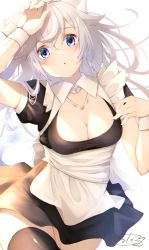 Rule 34 | 1girl, :o, animal ears, apron, arm up, black dress, black thighhighs, blue eyes, breasts, cat ears, cat girl, cat tail, chita (ketchup), cleavage, commentary request, dress, grey hair, hair between eyes, highres, long hair, looking at viewer, maid, medium breasts, original, parted lips, puffy short sleeves, puffy sleeves, short sleeves, signature, simple background, solo, tail, thighhighs, very long hair, white apron, white background, wrist cuffs