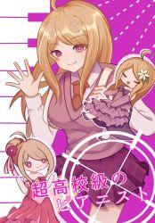 Rule 34 | 1girl, :d, ahoge, akamatsu kaede, arms at sides, bare shoulders, blonde hair, bow, breasts, closed eyes, collared shirt, commentary request, contrapposto, danganronpa (series), danganronpa 10th anniversary costume, danganronpa v3: killing harmony, dress, flower, fortissimo, hair bun, hair flower, hair ornament, hand up, highres, large breasts, layered dress, long hair, long sleeves, looking at viewer, miniskirt, multiple views, musical note, musical note hair ornament, mutsuki (yowa otsumu), necktie, off-shoulder dress, off shoulder, official alternate costume, open mouth, pink background, pink dress, pleated skirt, purple bow, purple eyes, school uniform, shirt, shoes, single hair bun, skirt, smile, sweater vest, translation request, white background, white shirt