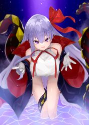 Rule 34 | 1girl, absurdres, bare shoulders, bat wings, bb (fate), bb (fate) (all), bb (swimsuit mooncancer) (fate), bb (swimsuit mooncancer) (third ascension) (fate), black coat, blush, breasts, chankuro, coat, fate/grand order, fate (series), gloves, hair ribbon, highleg, highleg leotard, highres, large breasts, leaning forward, leotard, long hair, looking at viewer, neck ribbon, open clothes, open coat, popped collar, purple eyes, purple hair, red ribbon, ribbon, smile, solo, tentacles, thighs, very long hair, white gloves, white leotard, wings