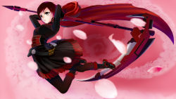 Rule 34 | 1girl, absurdres, bad id, bad pixiv id, belt, boots, bullet, cape, corset, frilled skirt, frills, grey eyes, heli, highres, pantyhose, petals, pink theme, red hair, red theme, ruby rose, rwby, scythe, short hair, skirt, solo, weapon