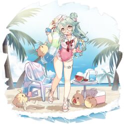 Rule 34 | 1girl, animal, azur lane, bare shoulders, beach, bird, breasts, chair, choker, collarbone, day, drinking straw, eating, flower, food, fork, frilled one-piece swimsuit, frilled swimsuit, frills, fruit, full body, glass, glasses, hair bun, hair ornament, hand up, hat, head tilt, highres, holding, ice, ice cube, innertube, jar, langley (azur lane), langley ii (azur lane), langley ii (on-the-clock vacation) (azur lane), lemon, lemon slice, looking at viewer, manjuu (azur lane), mini hat, ocean, official art, one-piece swimsuit, open mouth, outdoors, palm leaf, palm tree, popsicle, ribbon, sailor collar, sand sculpture, sandals, saru, see-through, shadow, shiny skin, shovel, simple background, small breasts, smile, solo, star (symbol), swim ring, swimsuit, table, thigh strap, thighs, toeless footwear, toes, towel, tree, water, watermelon, watermelon slice, wrist cuffs
