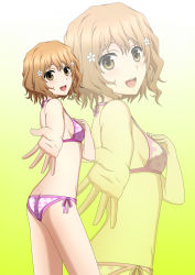 Rule 34 | 10s, 1girl, ass, bare shoulders, bikini, blush, breasts, brown eyes, brown hair, butt crack, flower, gradient background, hair flower, hair ornament, hanasaku iroha, hand on own chest, highres, kenken, looking at viewer, matsumae ohana, open mouth, outstretched arm, outstretched hand, pink bikini, polka dot, polka dot bikini, polka dot swimsuit, short hair, side-tie bikini bottom, sideboob, smile, solo, standing, swimsuit, zoom layer