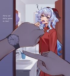 Rule 34 | 1girl, 1other, ?, blue hair, commentary request, cup, faucet, ganyu (genshin impact), genshin impact, highres, holding, holding toothbrush, horns, long hair, long sleeves, looking at viewer, mirror, open mouth, pointing, pov, purple eyes, red shirt, shirt, sink, solo focus, sunnypoppy, toothbrush, upper body, very long hair, watch, wristwatch