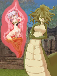 Rule 34 | 2girls, :p, ass, breasts, camel (dansen), digestion, dissolving clothes, female focus, inside creature, lamia, monster girl, multiple girls, no nipples, one eye closed, original, pointy ears, smile, tentacle hair, tongue, tongue out, torn clothes, vore, wet