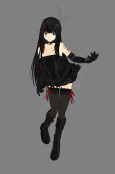 Rule 34 | 1girl, 3d, 3d custom girl, artist name, artist request, bare shoulders, black dress, black hair, black thighhighs, blue eyes, boots, bow, choker, cross-laced footwear, dress, elbow gloves, female focus, fishnet thighhighs, fishnets, garter straps, gloves, gothic lolita, grey background, hime cut, j-rock, knee boots, lace, lace-trimmed legwear, lace-up boots, lace trim, lolita fashion, long hair, looking at viewer, microphone, multicolored hair, musician, patterned legwear, ribbon, simple background, solo, standing, straight hair, strapless, strapless dress, tattoo, thighhighs, two-tone hair, watermark, yousei teikoku, yui (yousei teikoku), zettai ryouiki