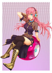 Rule 34 | 1girl, ;d, arm support, black thighhighs, blue eyes, blush, boots, crossed legs, headphones, knee boots, long hair, looking at viewer, megurine luka, navel, one eye closed, open mouth, pink hair, polka dot, polka dot background, sitting, smile, solo, thighhighs, vocaloid, wink, yuuji (and)