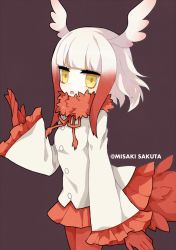 Rule 34 | 10s, 1girl, artist name, bird tail, blunt bangs, dokumi, frilled sleeves, frills, gloves, head wings, japanese crested ibis (kemono friends), kemono friends, long sleeves, looking at viewer, medium hair, miniskirt, multicolored hair, pantyhose, pleated skirt, red gloves, red pantyhose, red skirt, shirt, silver hair, simple background, skirt, solo, standing, tail, two-tone hair, white shirt, wings, yellow eyes