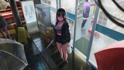 Rule 34 | 1other, 3girls, absurdres, automatic door, bag, bare legs, black jacket, breasts, commentary, convenience store, doormat, english text, glass door, highres, holding, holding bag, holding umbrella, jacket, lights, long hair, multiple girls, night, original, outdoors, outstretched arm, purple jacket, rain, rimzu, shop, shopping bag, short shorts, shorts, storefront, sugoi dekai, tank top, umbrella